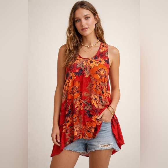 Free People Tops - Free People Medium Red Floral Sleeveless Tunic Top Boho Swing